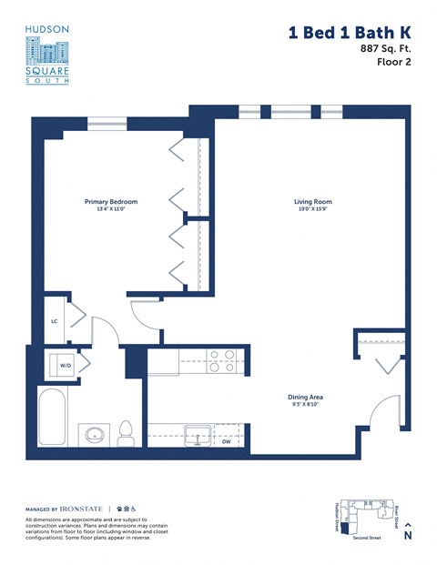 Floor plan for 1 bed, 1 bath, 887 sqft
